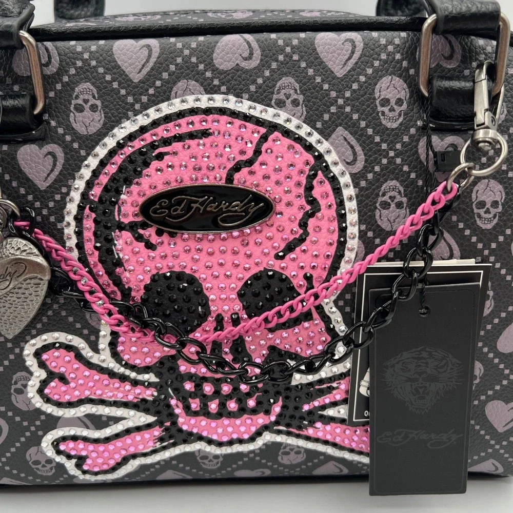 Ed Hardy Rhinestone Skull Satchel Bag Black Pink Y2K  NWT